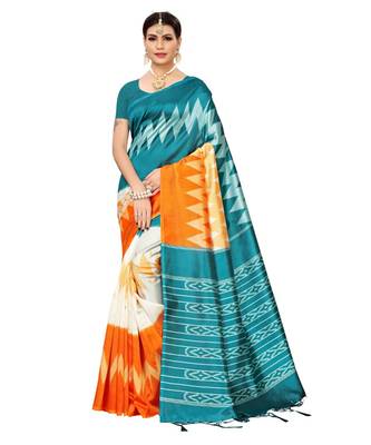 Turquoise  printed Art Silk saree with blouse 1