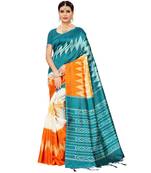 Turquoise  printed Art Silk saree with blouse