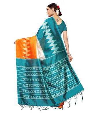 Turquoise  printed Art Silk saree with blouse 2