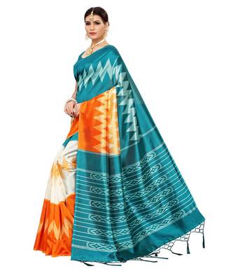 Turquoise  printed Art Silk saree with blouse 4