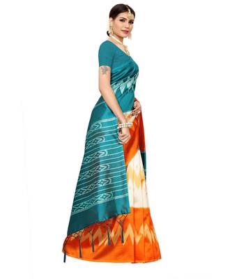 Turquoise  printed Art Silk saree with blouse 5