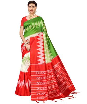 Red  printed Art Silk saree with blouse 1