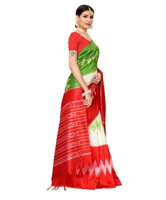 Red  printed Art Silk saree with blouse 4