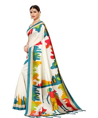 Off White printed Art Silk saree with blouse 4