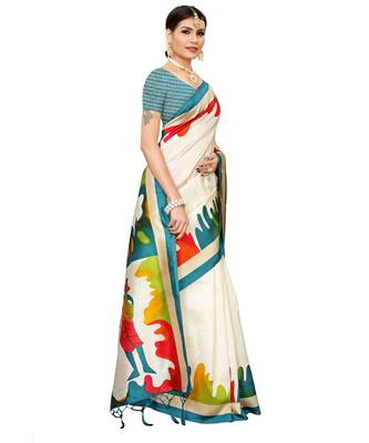 Off White printed Art Silk saree with blouse 5