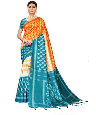 Turquoise  printed Art Silk saree with blouse 1