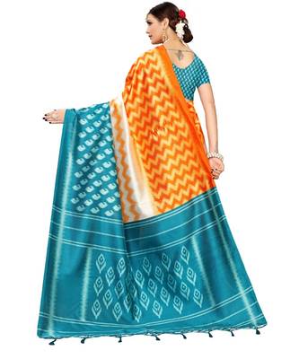 Turquoise  printed Art Silk saree with blouse 2