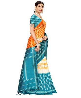 Turquoise  printed Art Silk saree with blouse 5