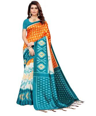 Turquoise  printed Art Silk saree with blouse 1