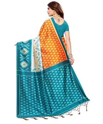Turquoise  printed Art Silk saree with blouse 2
