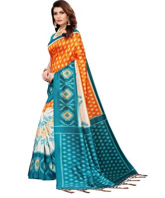 Turquoise  printed Art Silk saree with blouse 4