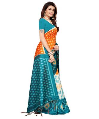 Turquoise  printed Art Silk saree with blouse 5