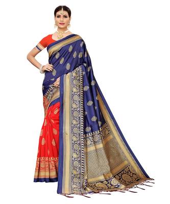 Blue  printed Art Silk saree with blouse 1