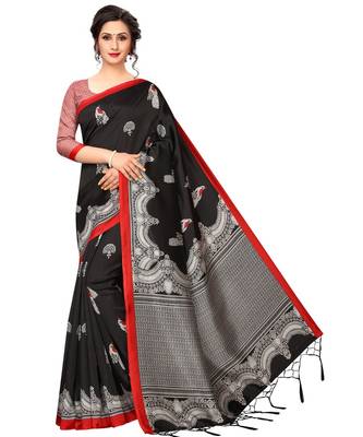 Black printed Art Silk saree with blouse 1
