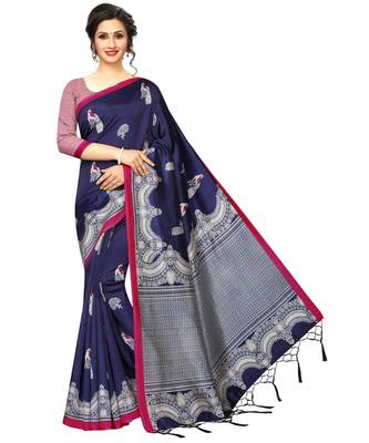 blue printed Art Silk saree with blouse 1
