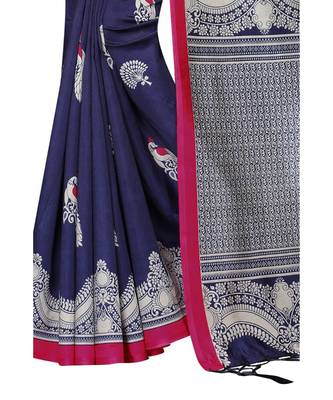 blue printed Art Silk saree with blouse 4