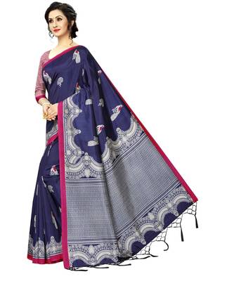 blue printed Art Silk saree with blouse 5