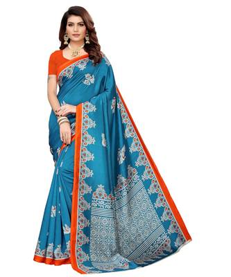 Blue printed Art Silk saree with blouse 1