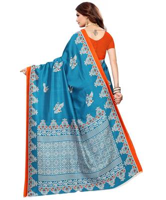 Blue printed Art Silk saree with blouse 2