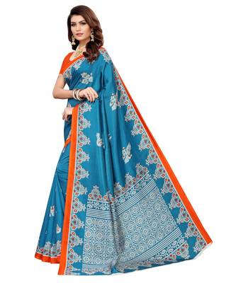 Blue printed Art Silk saree with blouse 4