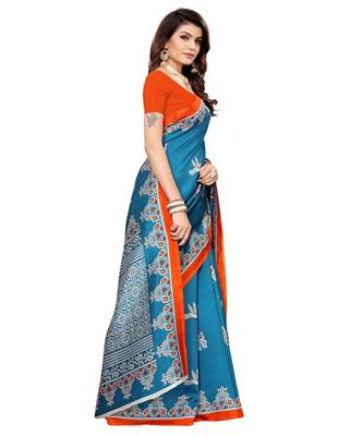 Blue printed Art Silk saree with blouse 5