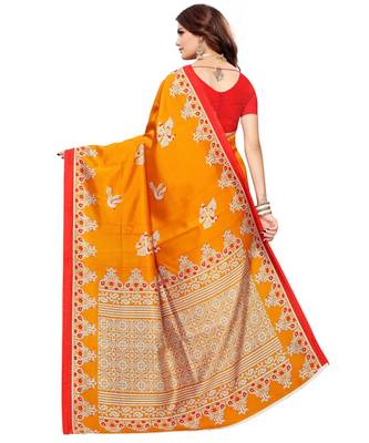 Mustard printed Art Silk saree with blouse 2