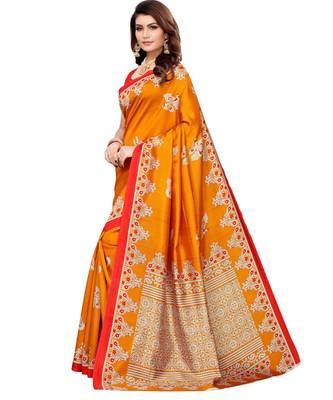 Mustard printed Art Silk saree with blouse 4