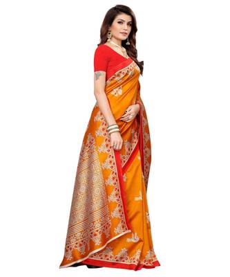 Mustard printed Art Silk saree with blouse 5
