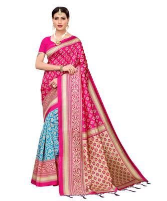 Pink  printed Art Silk saree with blouse 1