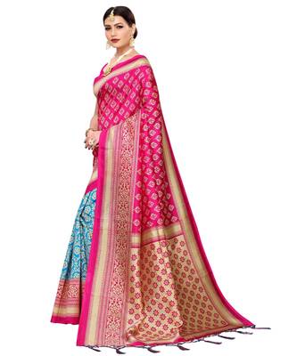 Pink  printed Art Silk saree with blouse 4