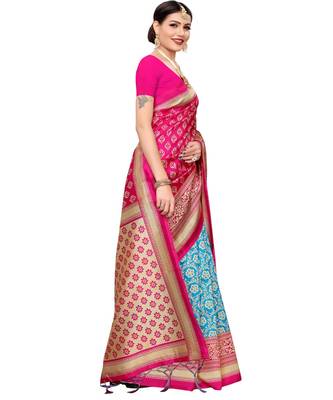 Pink  printed Art Silk saree with blouse 5
