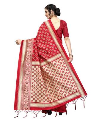 Red  printed Art Silk saree with blouse 2