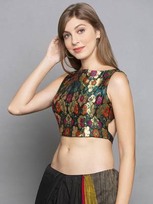 Black sleeveless Brocade Saree Blouse 4
