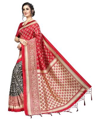 Red  printed Art Silk saree with blouse 5