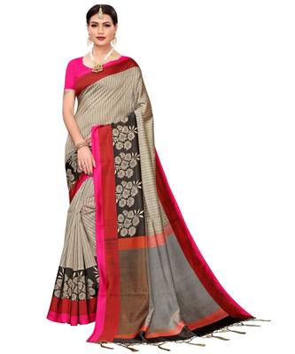 Beige  printed Art Silk saree with blouse 1