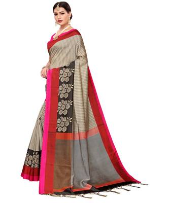 Beige  printed Art Silk saree with blouse 4