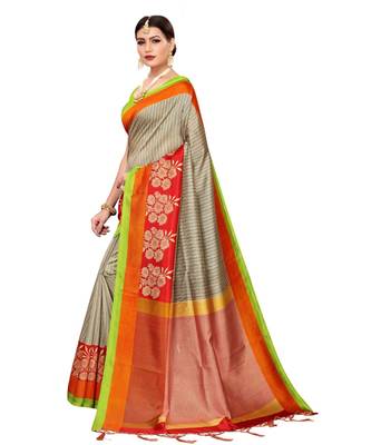 Beige  printed Art Silk saree with blouse 4