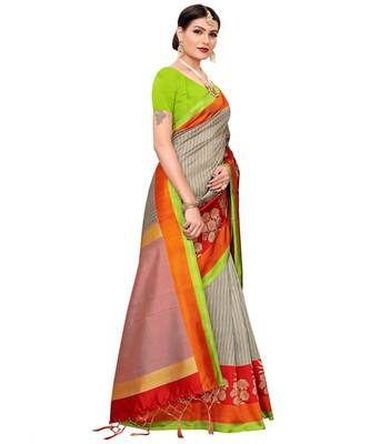 Beige  printed Art Silk saree with blouse 5