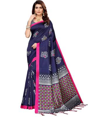 blue printed Art Silk saree with blouse 1
