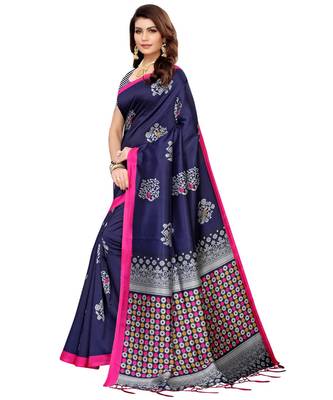 blue printed Art Silk saree with blouse 4