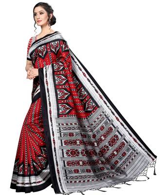 Red printed Art Silk saree with blouse 5