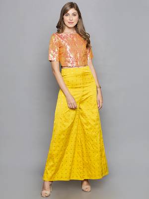 Brocade Pink Crop Top With Taffeta Yellow Flared Plazzo Set 1