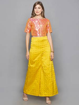 Brocade Pink Crop Top With Taffeta Yellow Flared Plazzo Set 2