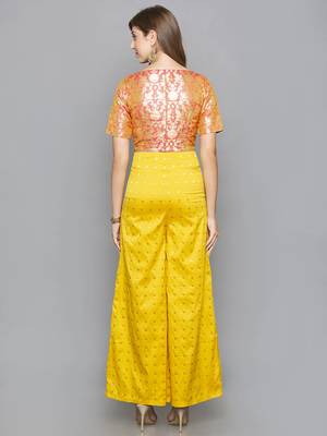 Brocade Pink Crop Top With Taffeta Yellow Flared Plazzo Set 3