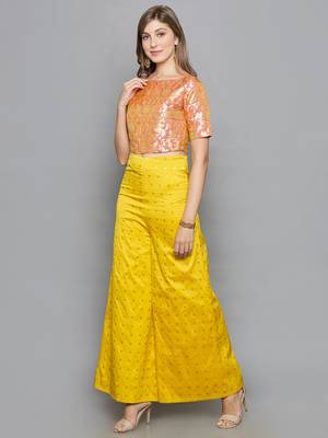 Brocade Pink Crop Top With Taffeta Yellow Flared Plazzo Set 4