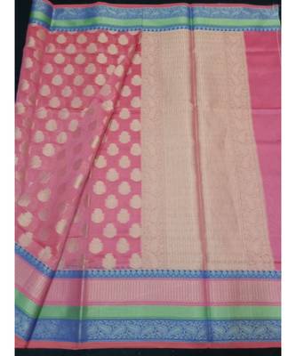 pink woven banarasi cotton saree with blouse 1