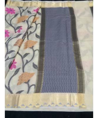 Cream woven banarasi cotton saree with blouse 1