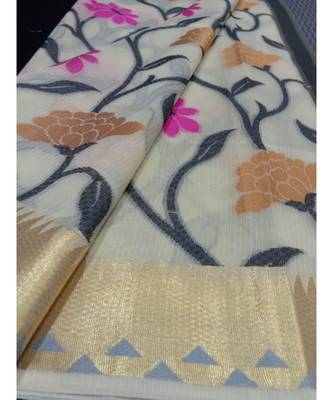 Cream woven banarasi cotton saree with blouse 3