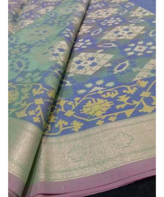 Green woven banarasi cotton saree with blouse 3