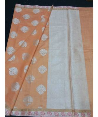 Peach woven banarasi cotton saree with blouse 1